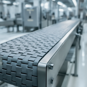 نوار نقاله مدولار پلاستیکی در خط تولید صنعتی با قطعات ماژولار و رولیکهای مقاوم