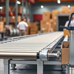 میز رولیک صنعتی در خط تولید کارخانه با رولیکهای فلزی مقاوم